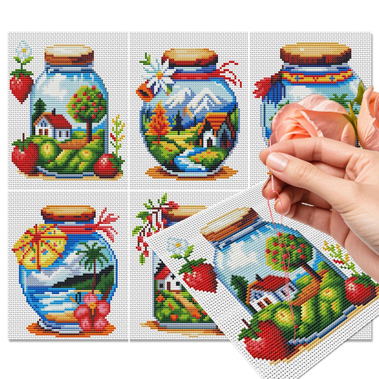 Glass Bottle Scenery - Partial 11CT Stamped Cross Stitch 15x17CM - Huacan