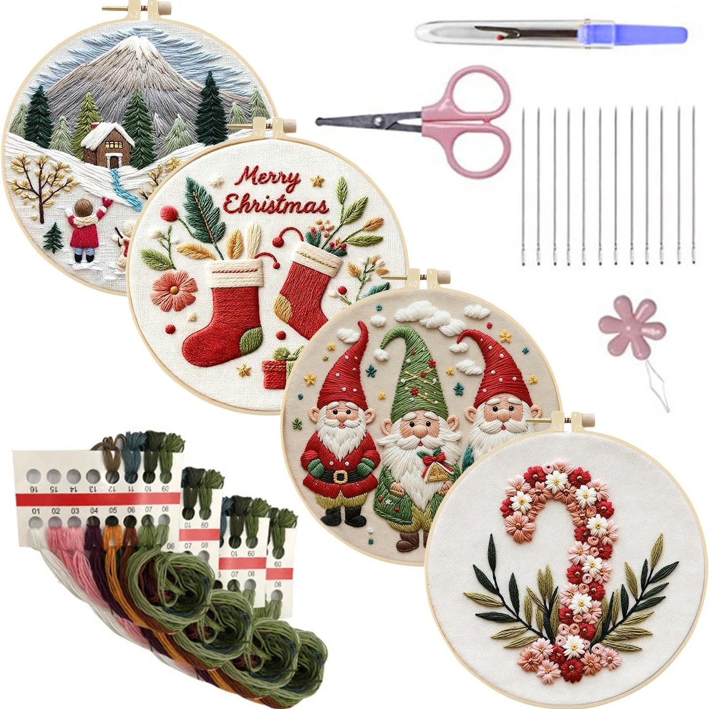 4PCS Christmas - DIY Embroidery Cross Stitch Kit with Pattern Cotton Threads Needles Hoop 30x30CM/11.81x11.81in