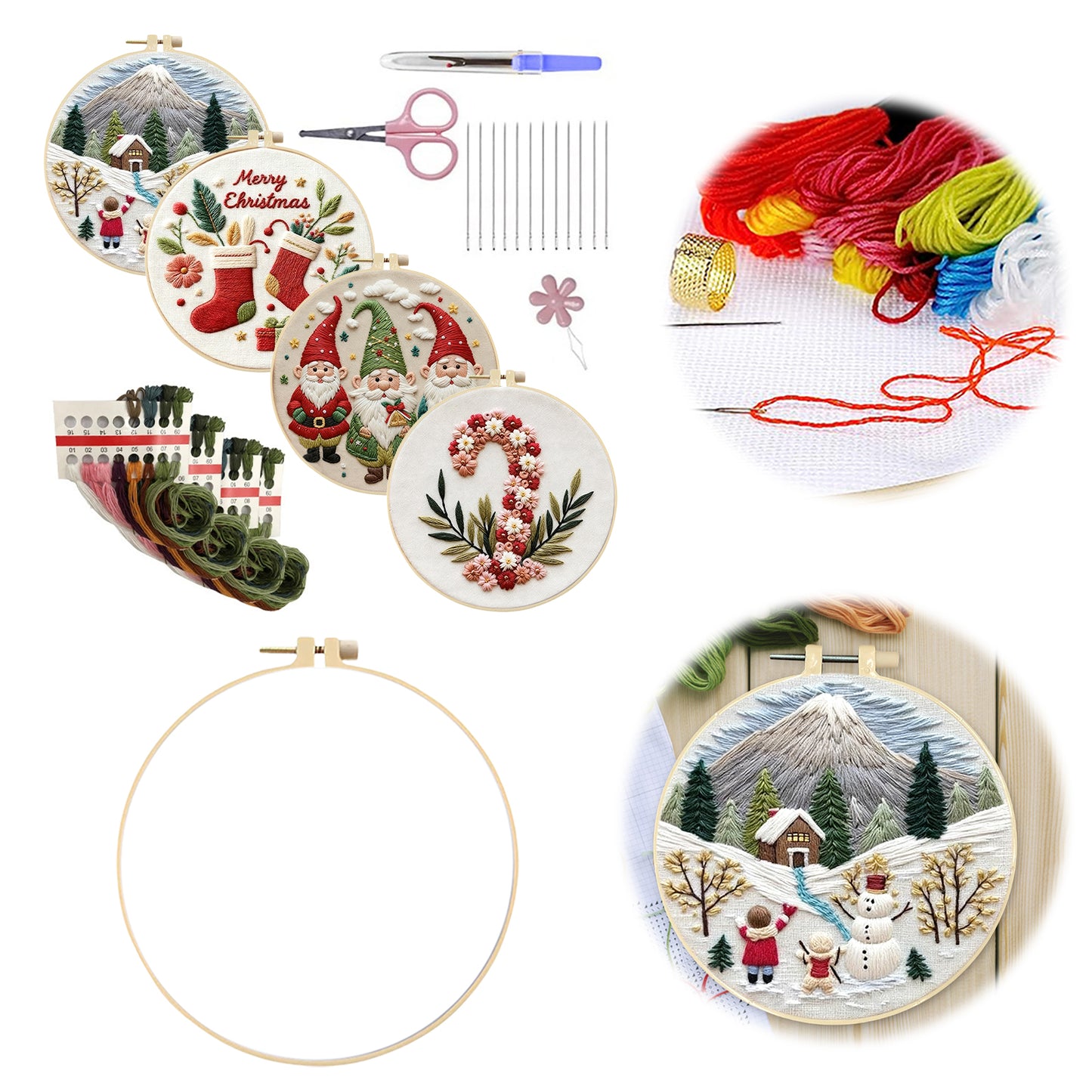 4PCS Christmas - DIY Embroidery Cross Stitch Kit with Pattern Cotton Threads Needles Hoop 30x30CM/11.81x11.81in