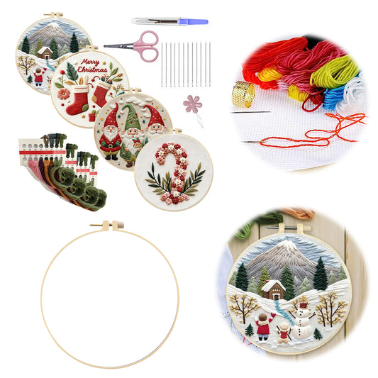 4PCS Christmas - DIY Embroidery Cross Stitch Kit with Pattern Cotton Threads Needles Hoop 30x30CM/11.81x11.81in