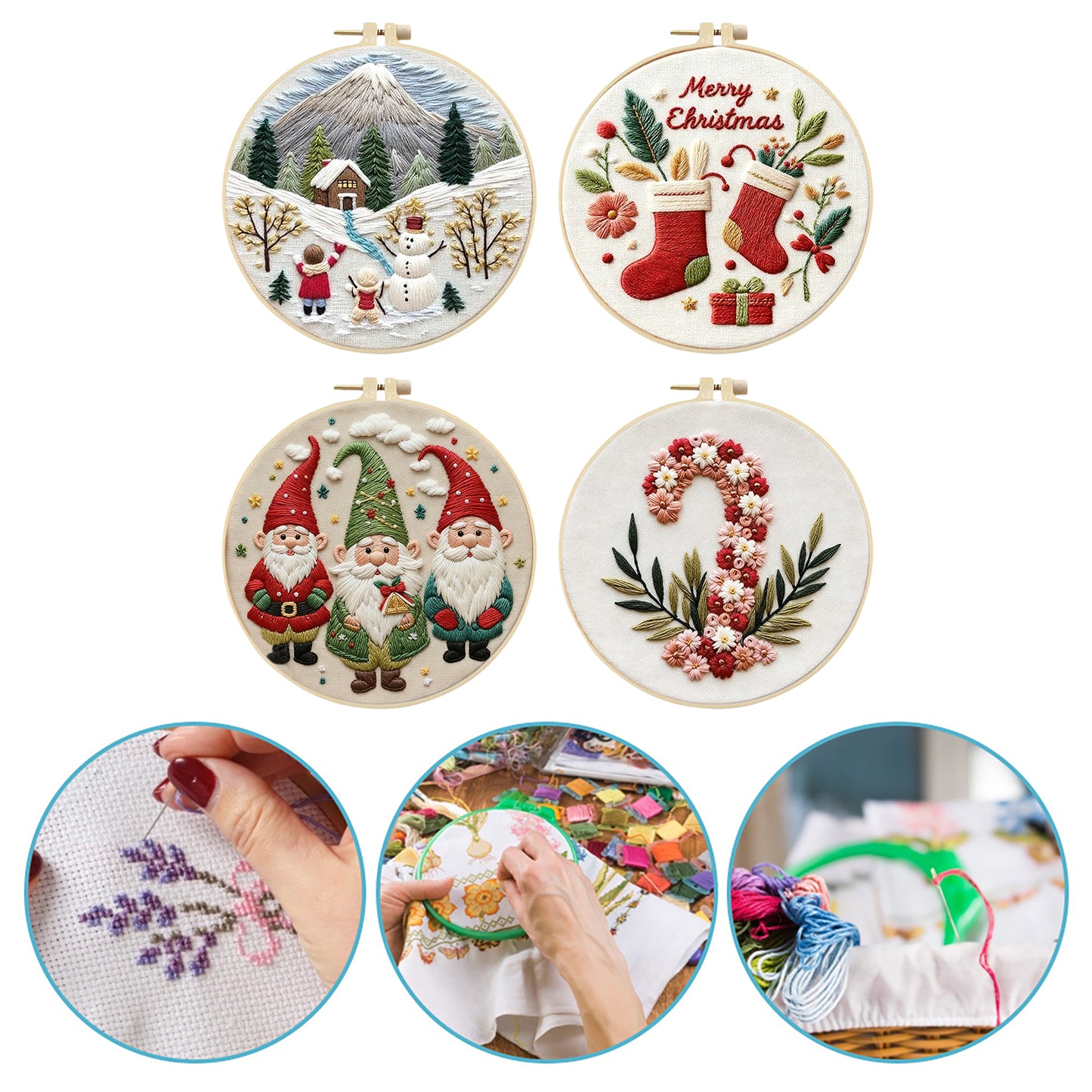 4PCS Christmas - DIY Embroidery Cross Stitch Kit with Pattern Cotton Threads Needles Hoop 30x30CM/11.81x11.81in
