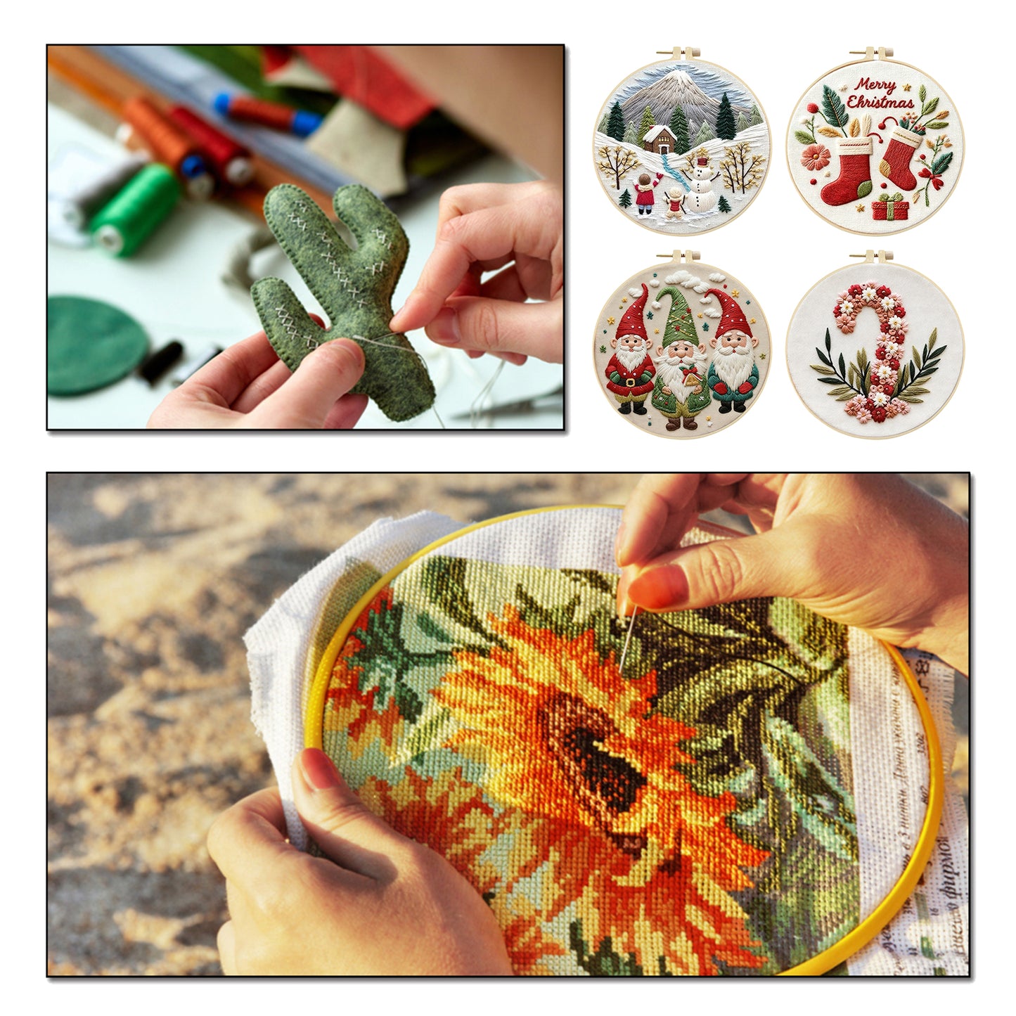 4PCS Christmas - DIY Embroidery Cross Stitch Kit with Pattern Cotton Threads Needles Hoop 30x30CM/11.81x11.81in