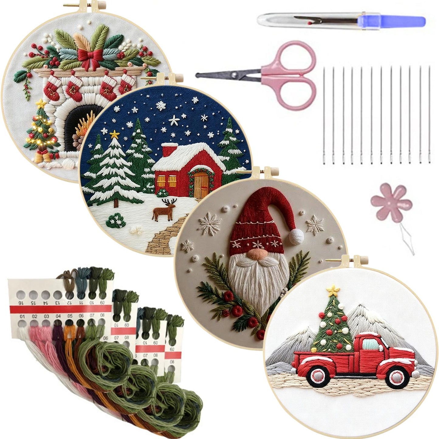 4PCS Christmas - DIY Embroidery Cross Stitch Kit with Pattern Cotton Threads Needles Hoop 30x30CM/11.81x11.81in