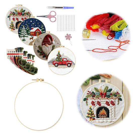 4PCS Christmas - DIY Embroidery Cross Stitch Kit with Pattern Cotton Threads Needles Hoop 30x30CM/11.81x11.81in