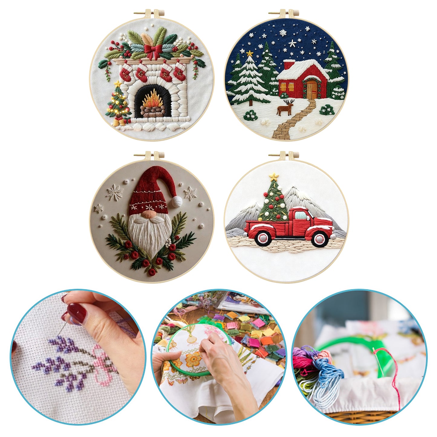 4PCS Christmas - DIY Embroidery Cross Stitch Kit with Pattern Cotton Threads Needles Hoop 30x30CM/11.81x11.81in