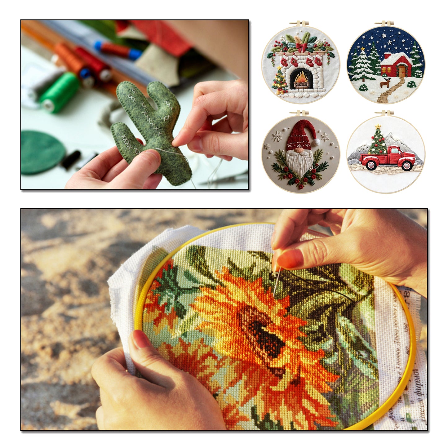 4PCS Christmas - DIY Embroidery Cross Stitch Kit with Pattern Cotton Threads Needles Hoop 30x30CM/11.81x11.81in