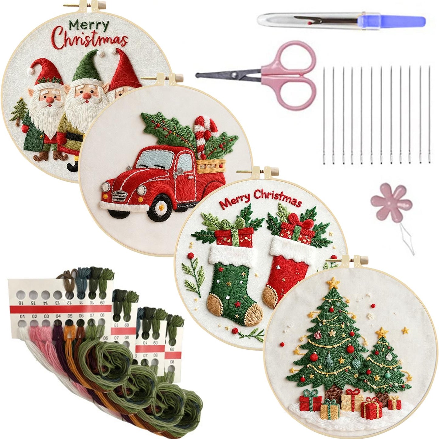 4PCS Christmas - DIY Embroidery Cross Stitch Kit with Pattern Cotton Threads Needles Hoop 30x30CM/11.81x11.81in