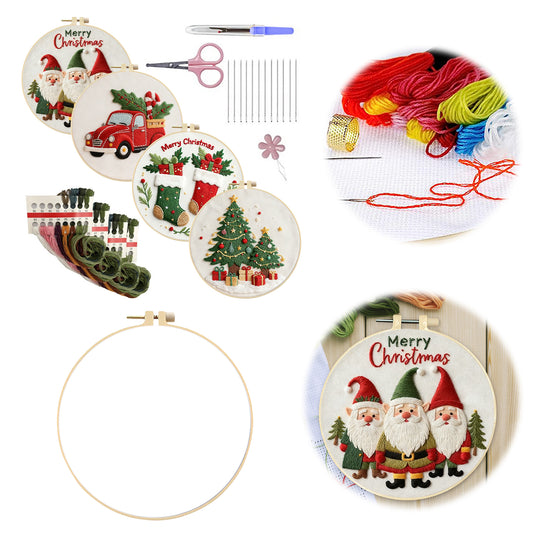4PCS Christmas - DIY Embroidery Cross Stitch Kit with Pattern Cotton Threads Needles Hoop 30x30CM/11.81x11.81in