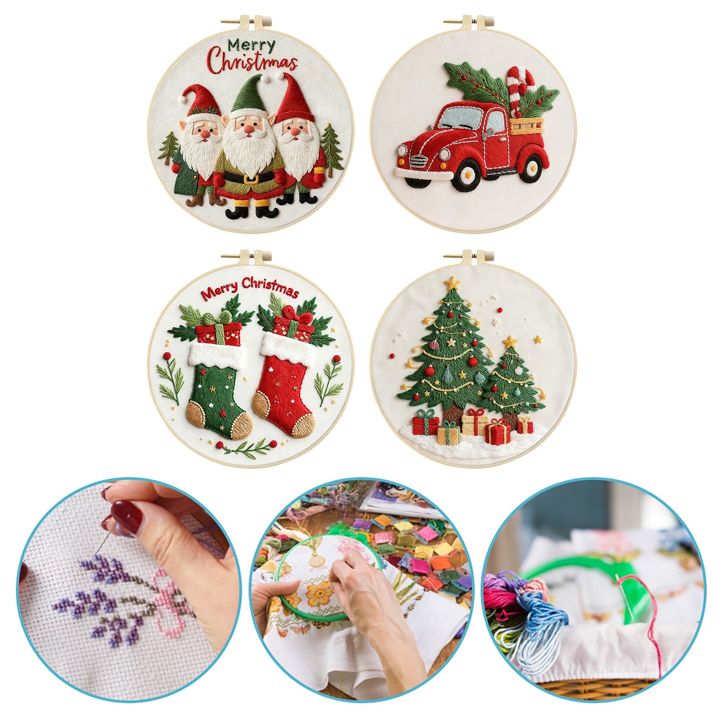 4PCS Christmas - DIY Embroidery Cross Stitch Kit with Pattern Cotton Threads Needles Hoop 30x30CM/11.81x11.81in