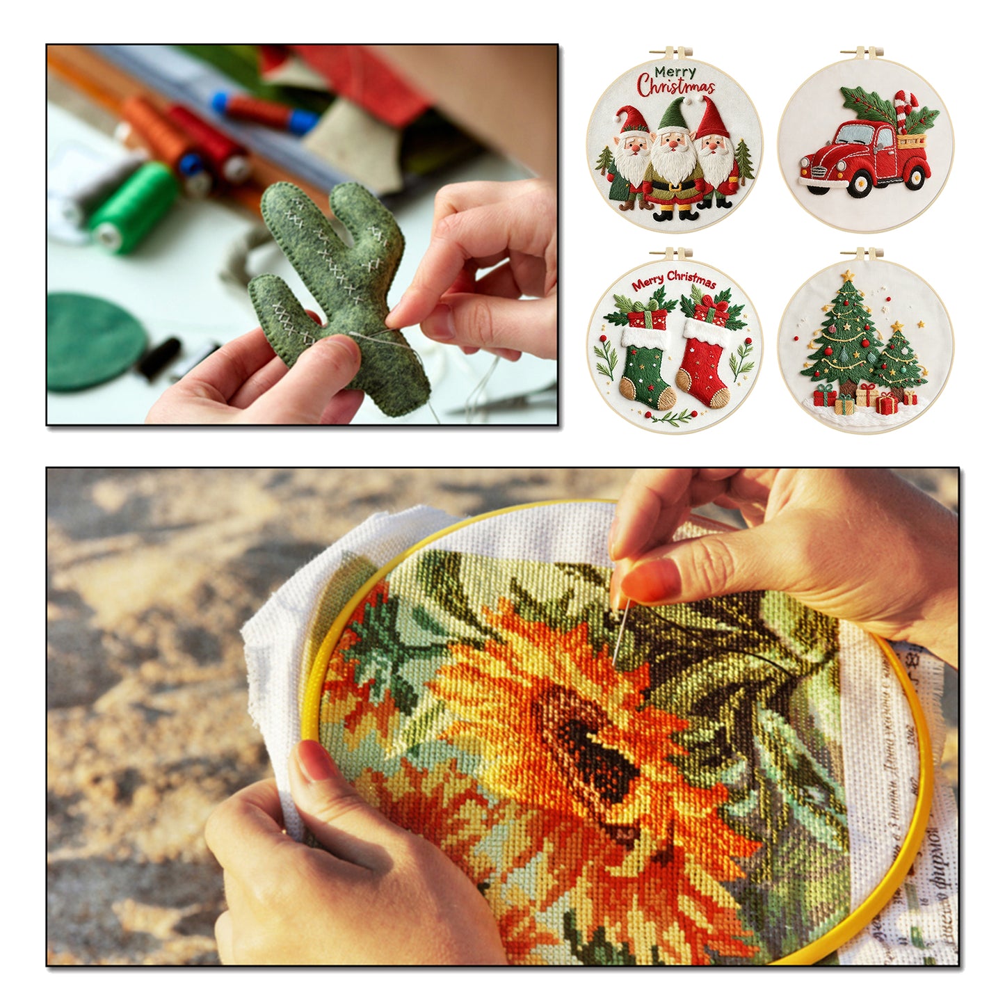 4PCS Christmas - DIY Embroidery Cross Stitch Kit with Pattern Cotton Threads Needles Hoop 30x30CM/11.81x11.81in