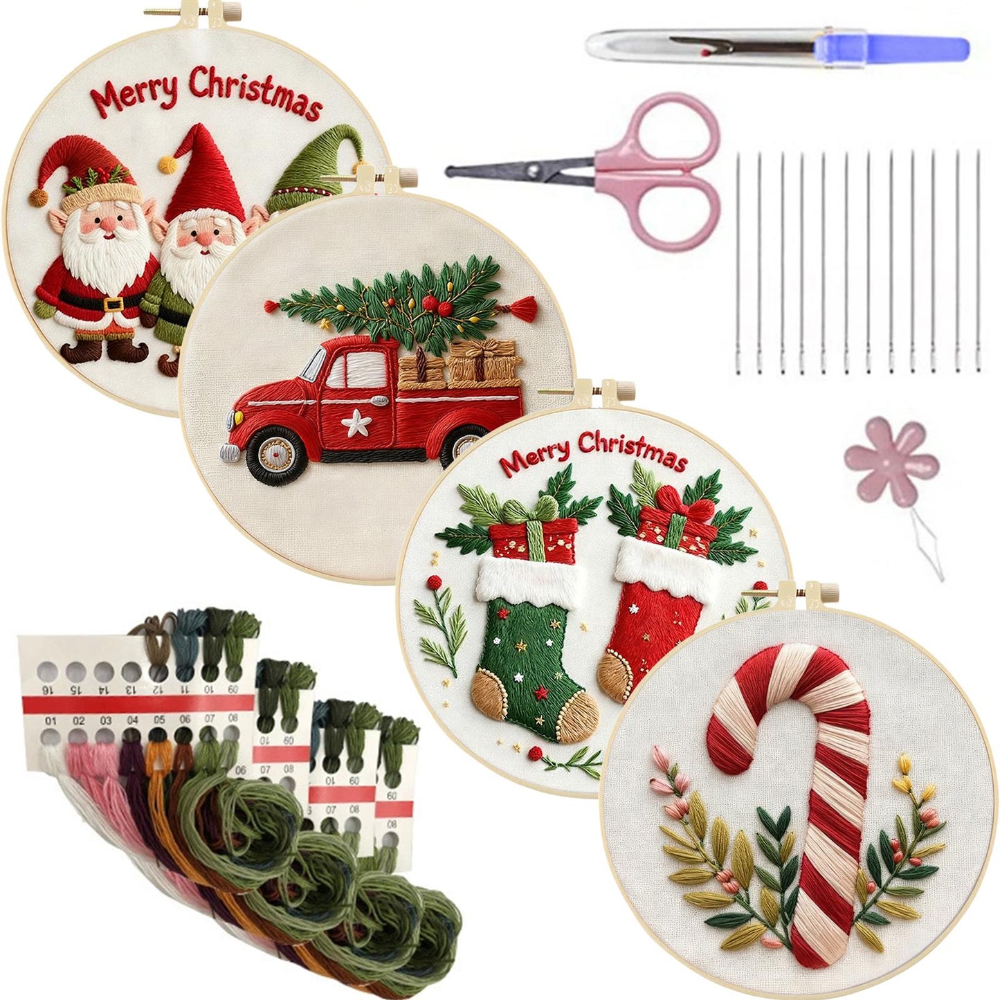 4PCS Christmas - DIY Embroidery Cross Stitch Kit with Pattern Cotton Threads Needles Hoop 30x30CM/11.81x11.81in