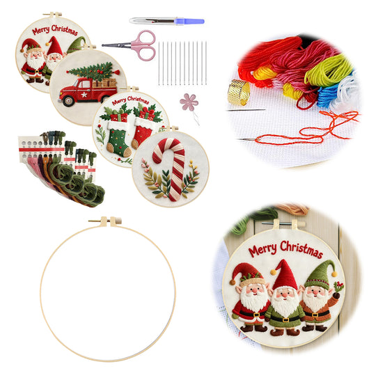 4PCS Christmas - DIY Embroidery Cross Stitch Kit with Pattern Cotton Threads Needles Hoop 30x30CM/11.81x11.81in