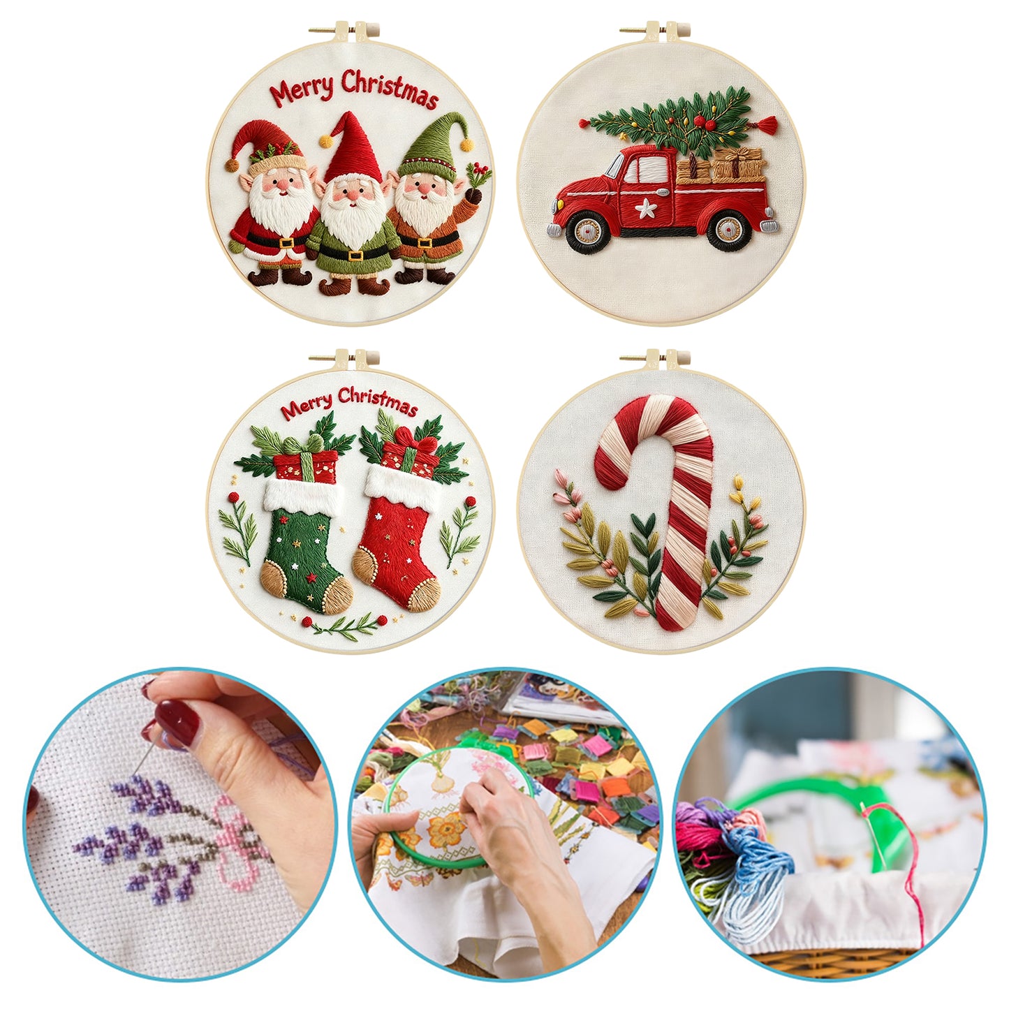 4PCS Christmas - DIY Embroidery Cross Stitch Kit with Pattern Cotton Threads Needles Hoop 30x30CM/11.81x11.81in