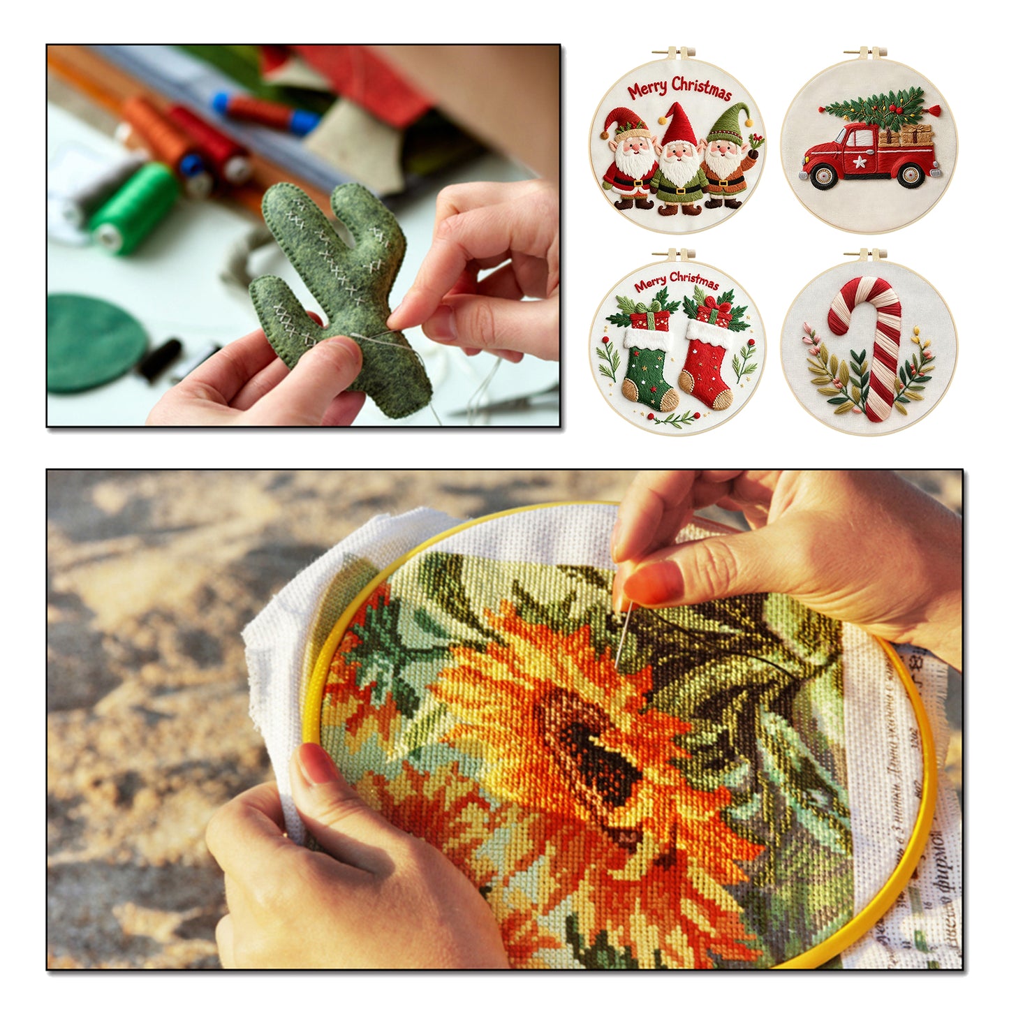 4PCS Christmas - DIY Embroidery Cross Stitch Kit with Pattern Cotton Threads Needles Hoop 30x30CM/11.81x11.81in