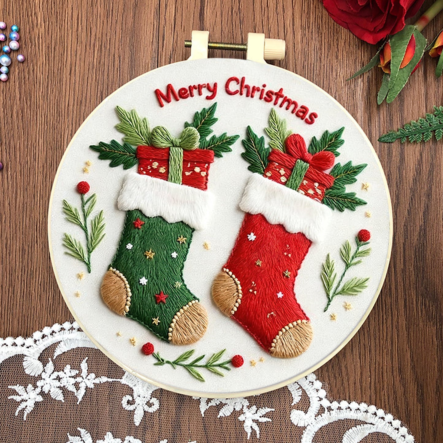 4PCS Christmas - DIY Embroidery Cross Stitch Kit with Pattern Cotton Threads Needles Hoop 30x30CM/11.81x11.81in