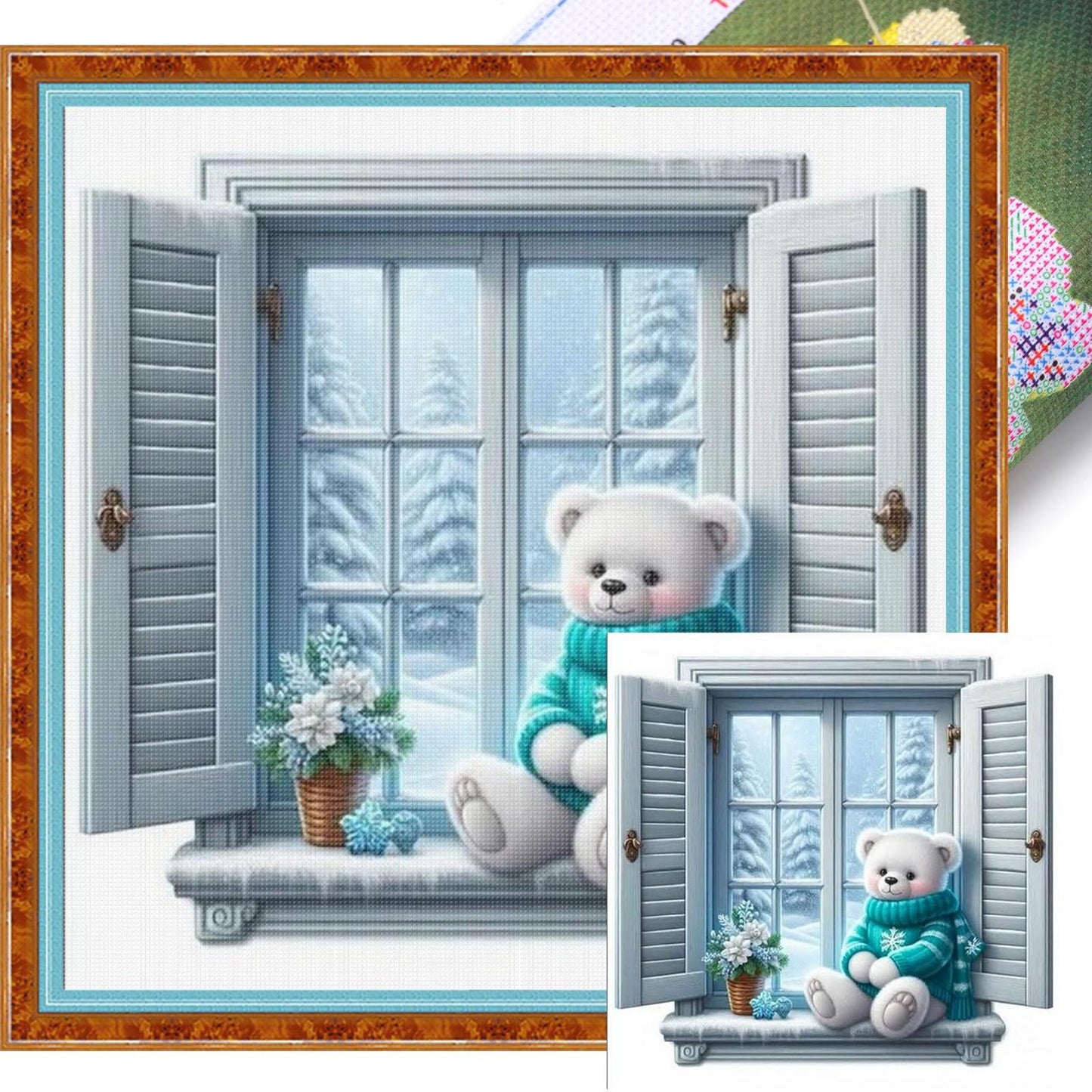 Winter Window Sill Bear - Full 11CT Stamped Cross Stitch 40x40CM - Huacan