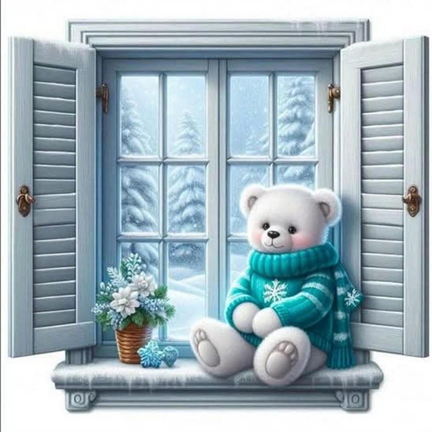 Winter Window Sill Bear - Full 11CT Stamped Cross Stitch 40x40CM - Huacan