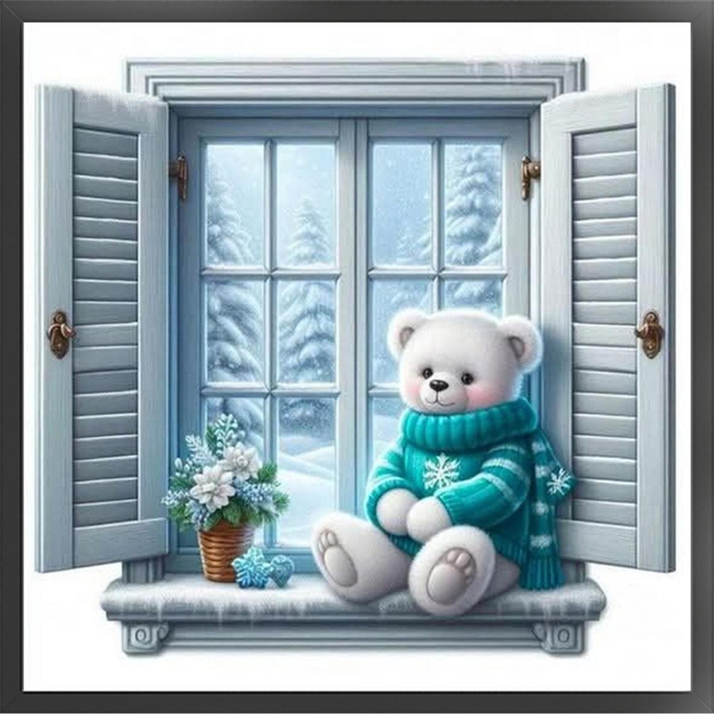 Winter Window Sill Bear - Full 11CT Stamped Cross Stitch 40x40CM - Huacan