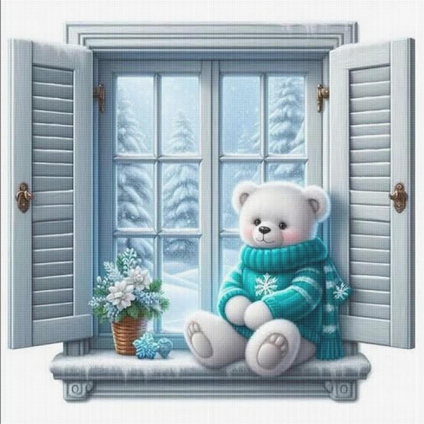Winter Window Sill Bear - Full 11CT Stamped Cross Stitch 40x40CM - Huacan