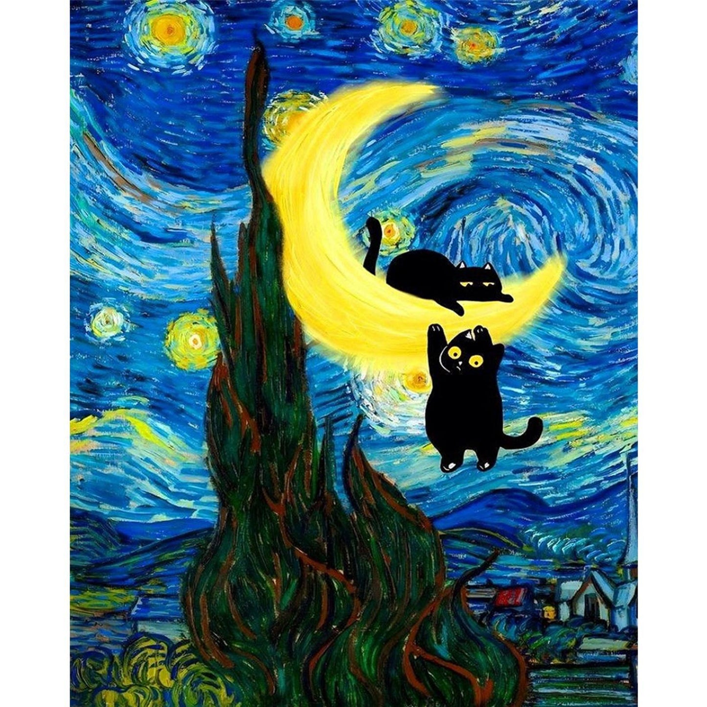 Black Cat Scenery - Full 11CT Stamped Cross Stitch 40x50CM - Huacan