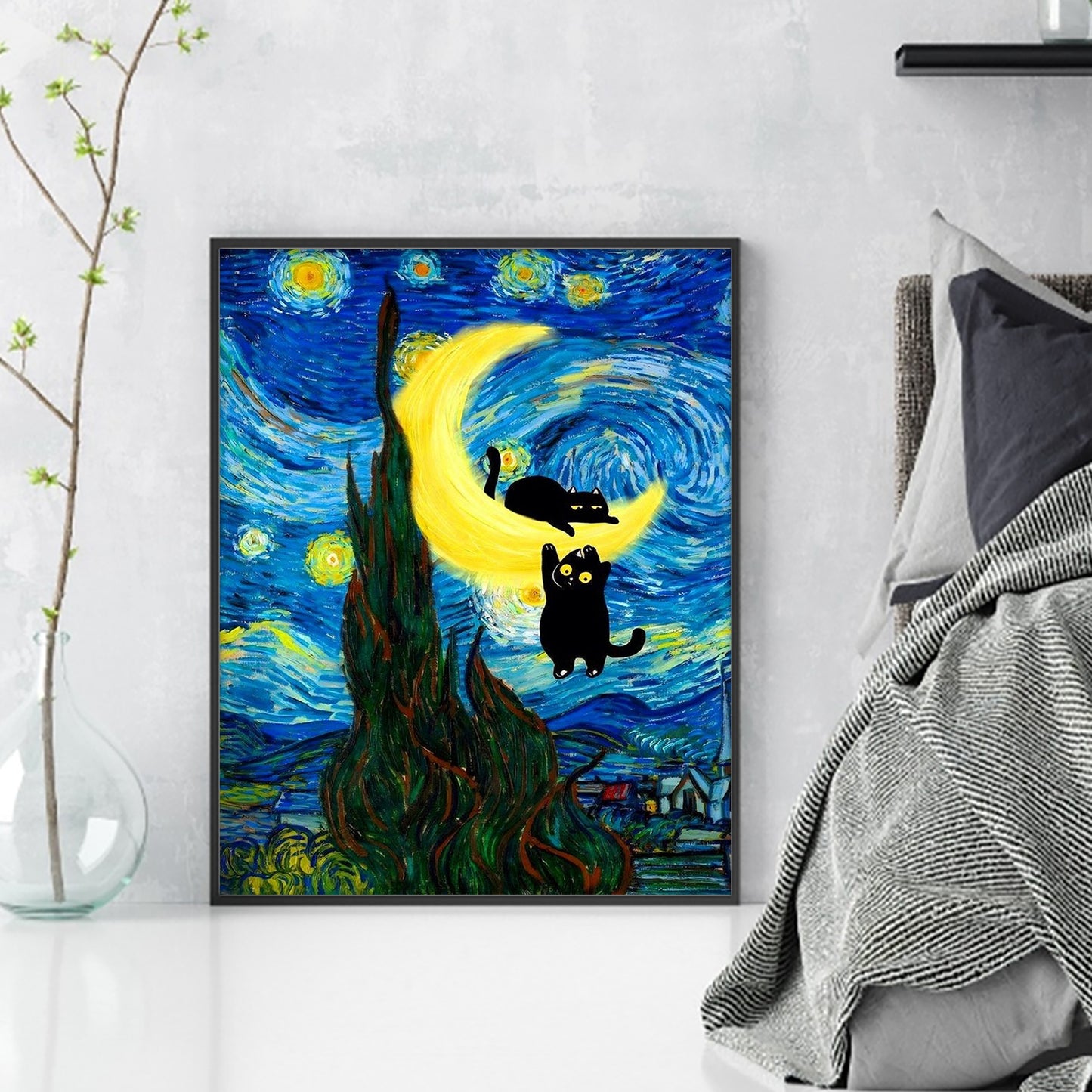 Black Cat Scenery - Full 11CT Stamped Cross Stitch 40x50CM - Huacan