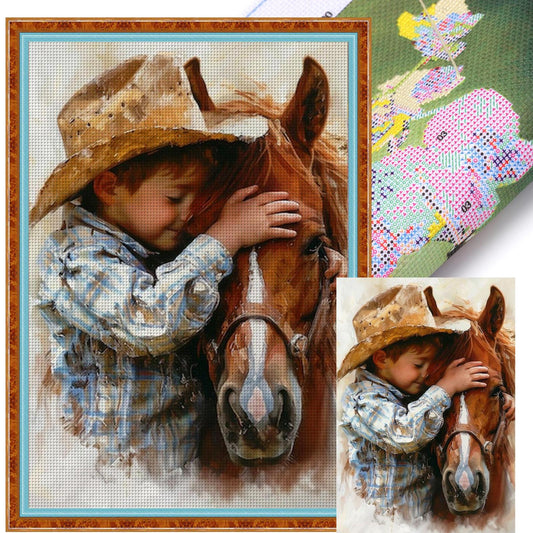 Cowboy Horse And Boy - Full 11CT Stamped Cross Stitch 40x60CM - Huacan