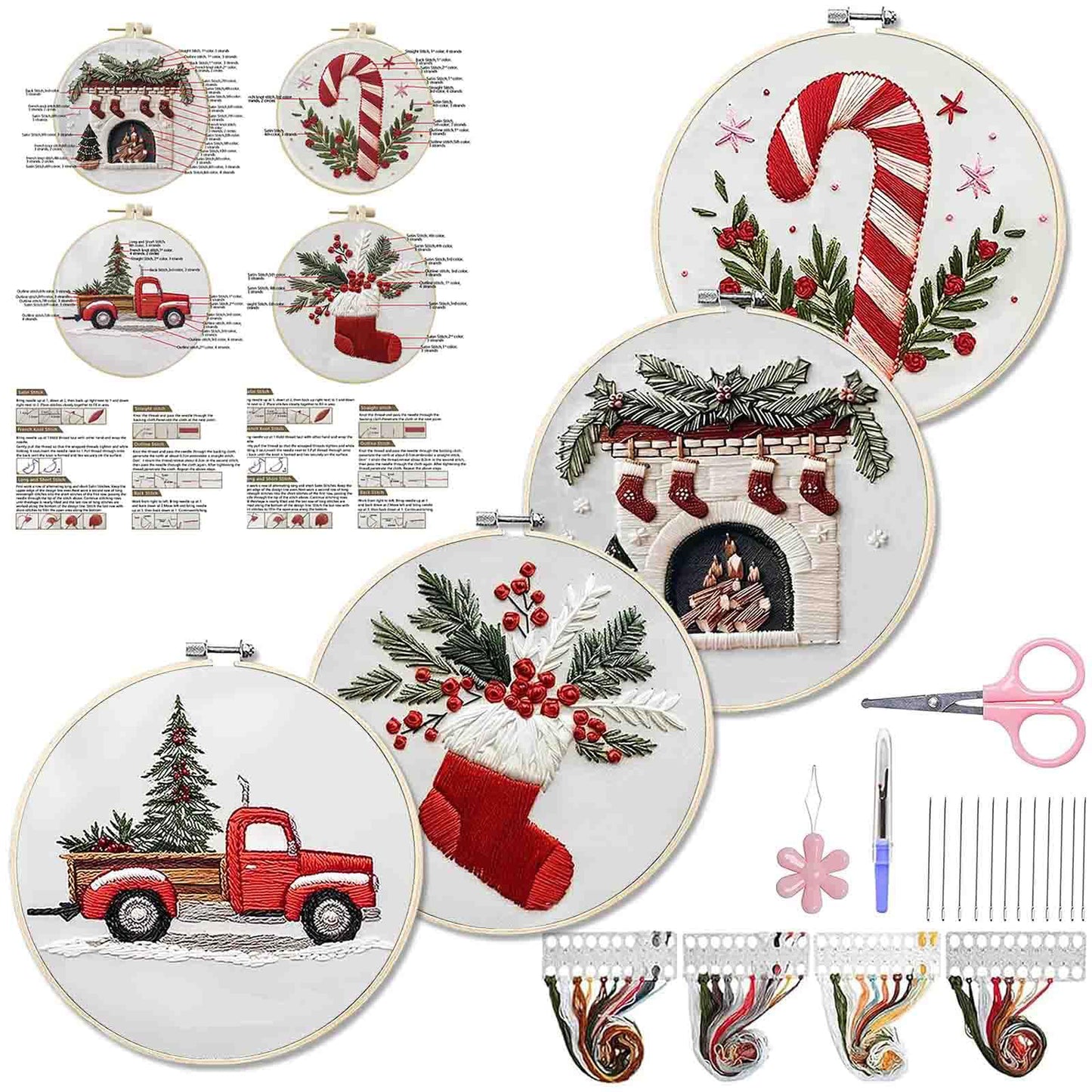 4PCS Christmas - DIY Embroidery Cross Stitch Kit with Pattern Cotton Threads Needles Hoop 15x15CM/5.91x5.91in