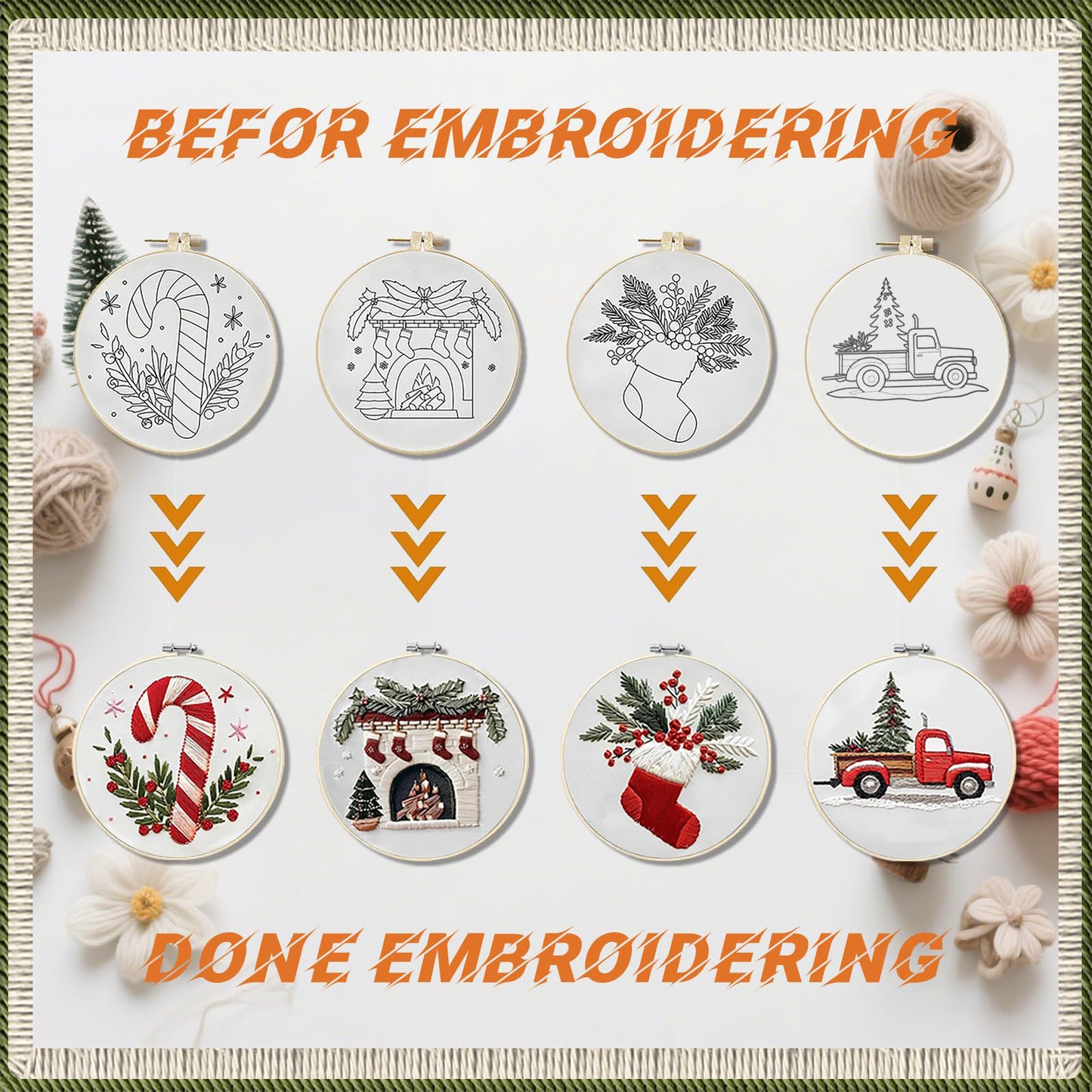 4PCS Christmas - DIY Embroidery Cross Stitch Kit with Pattern Cotton Threads Needles Hoop 15x15CM/5.91x5.91in