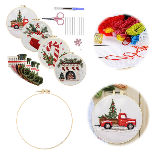 4PCS Christmas - DIY Embroidery Cross Stitch Kit with Pattern Cotton Threads Needles Hoop 15x15CM/5.91x5.91in