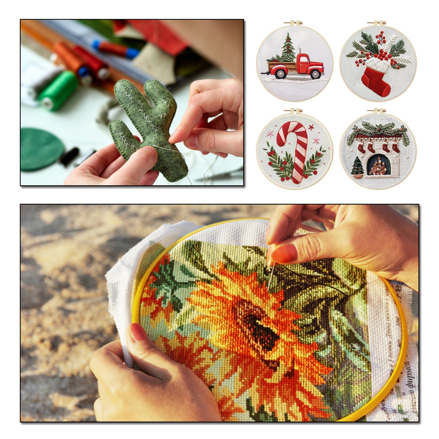4PCS Christmas - DIY Embroidery Cross Stitch Kit with Pattern Cotton Threads Needles Hoop 15x15CM/5.91x5.91in