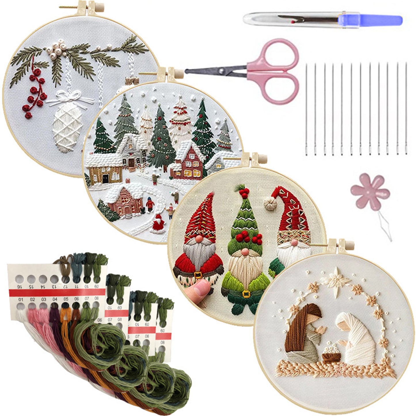 4PCS Christmas - DIY Embroidery Cross Stitch Kit with Pattern Cotton Threads Needles Hoop 15x15CM/5.91x5.91in