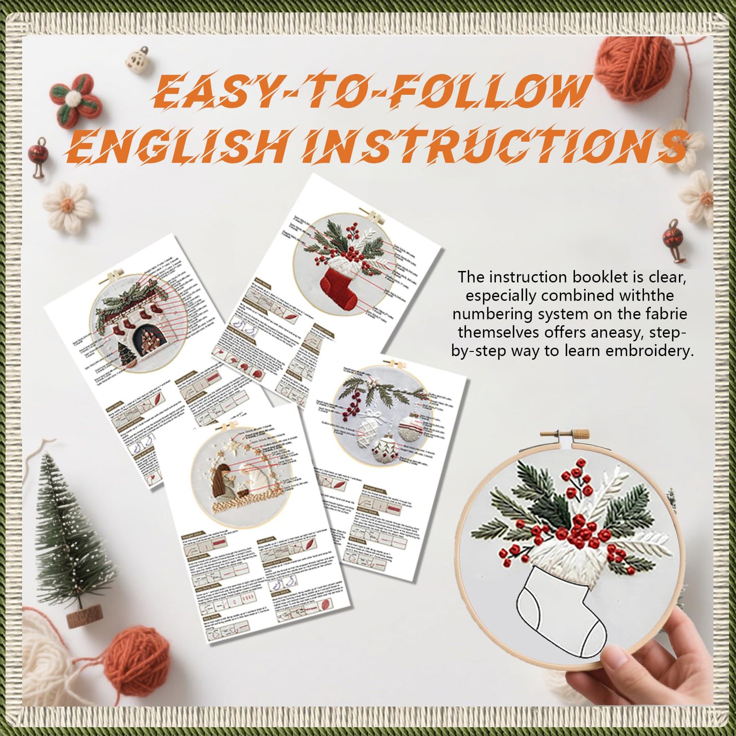 4PCS Christmas - DIY Embroidery Cross Stitch Kit with Pattern Cotton Threads Needles Hoop 15x15CM/5.91x5.91in