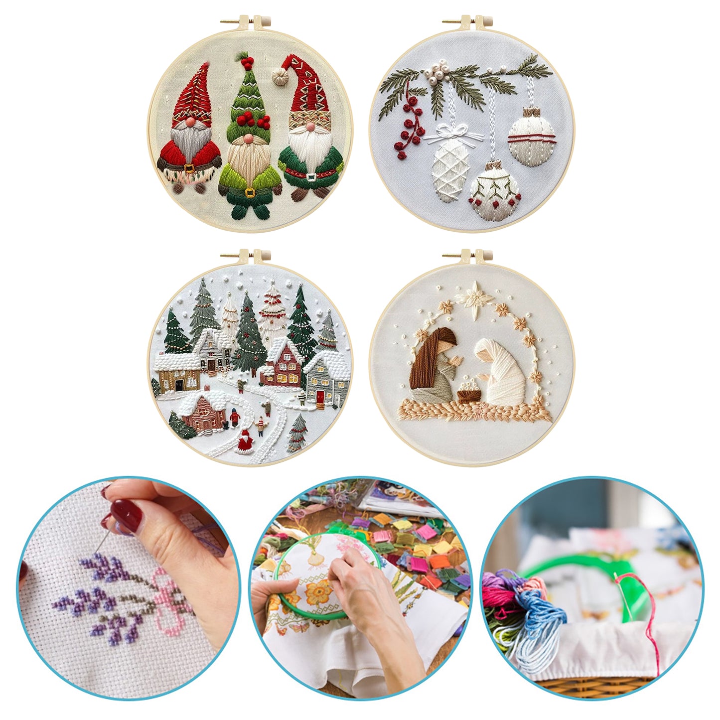4PCS Christmas - DIY Embroidery Cross Stitch Kit with Pattern Cotton Threads Needles Hoop 15x15CM/5.91x5.91in