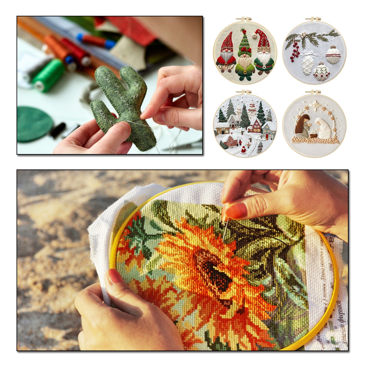 4PCS Christmas - DIY Embroidery Cross Stitch Kit with Pattern Cotton Threads Needles Hoop 15x15CM/5.91x5.91in