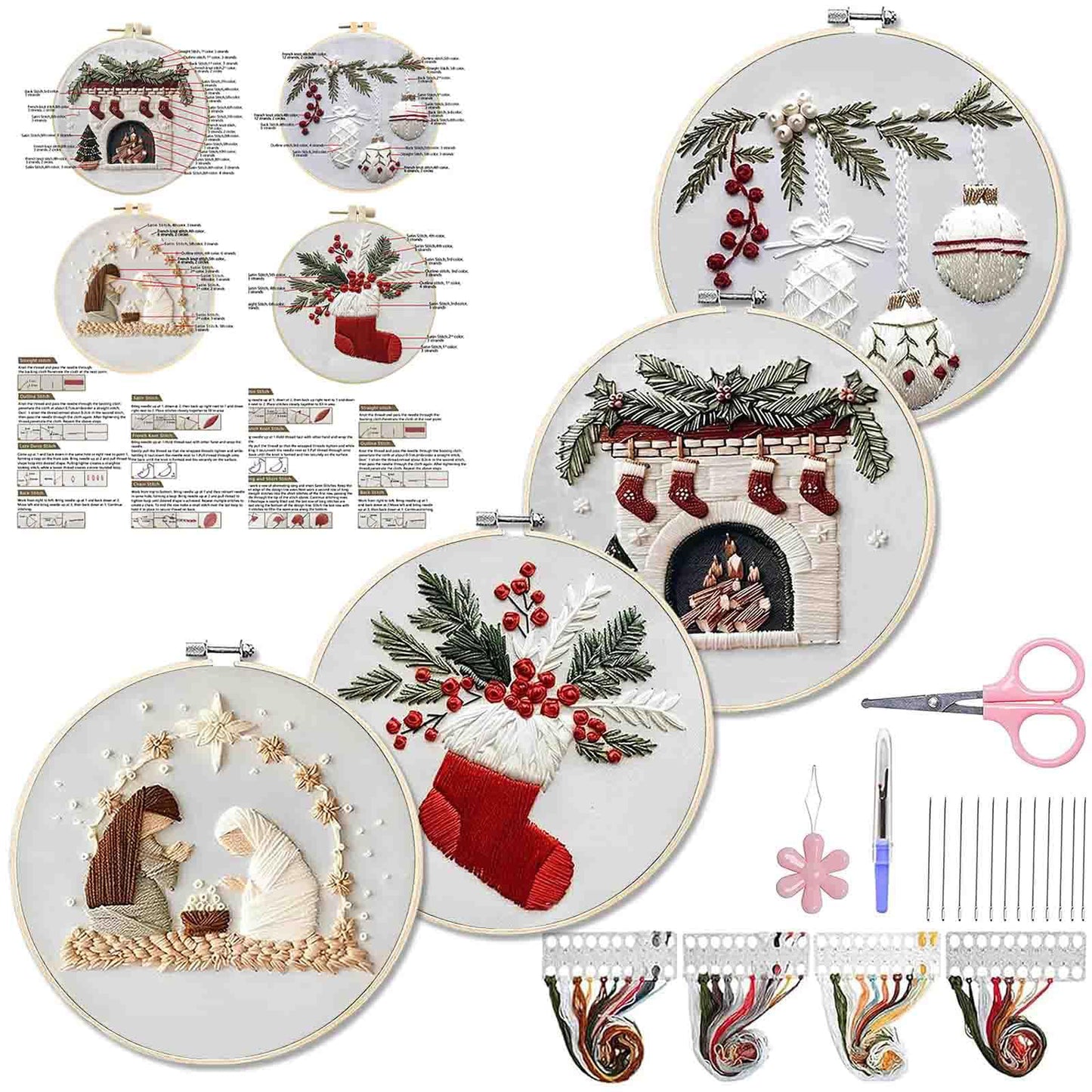 4PCS Christmas - DIY Embroidery Cross Stitch Kit with Pattern Cotton Threads Needles Hoop 15x15CM/5.91x5.91in