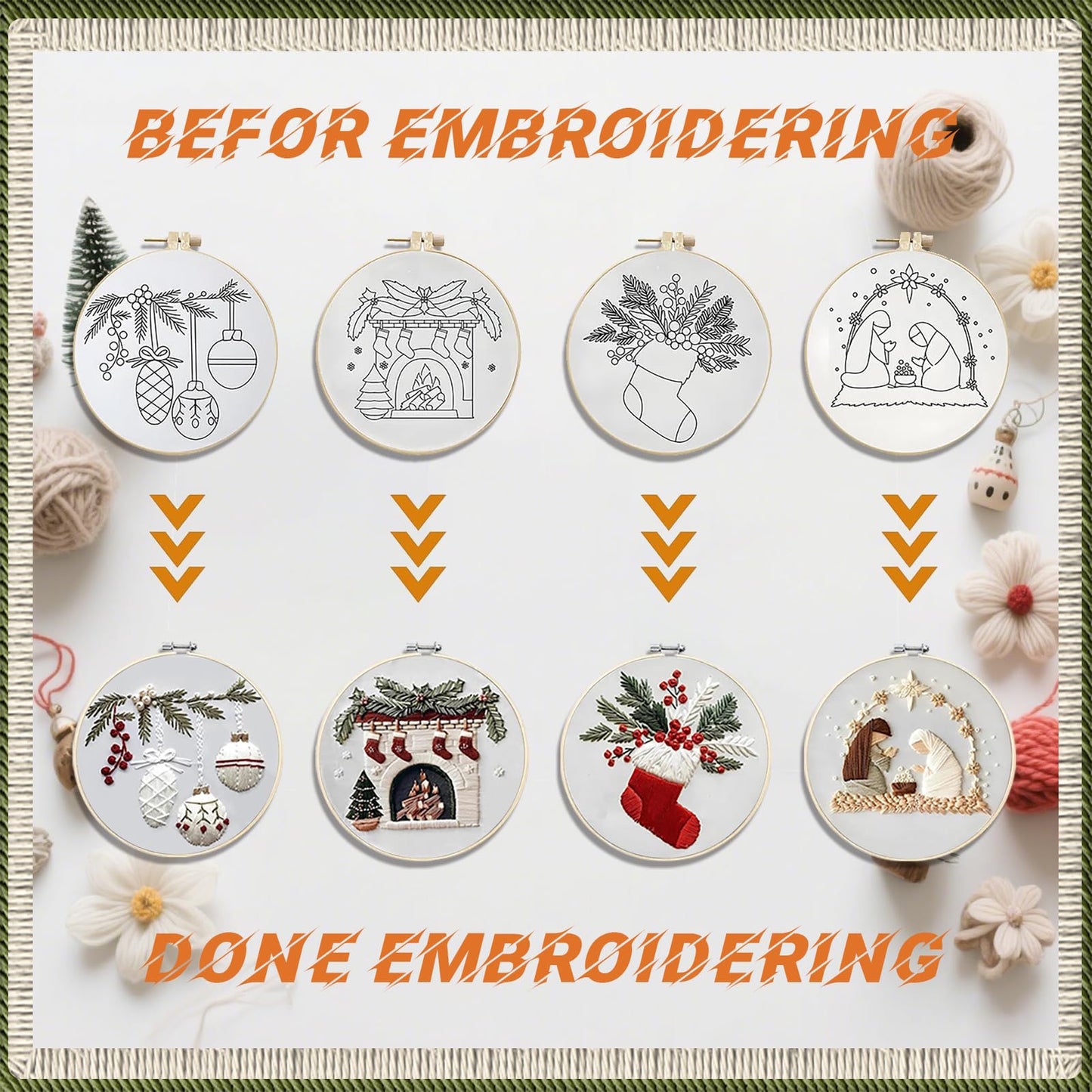 4PCS Christmas - DIY Embroidery Cross Stitch Kit with Pattern Cotton Threads Needles Hoop 15x15CM/5.91x5.91in