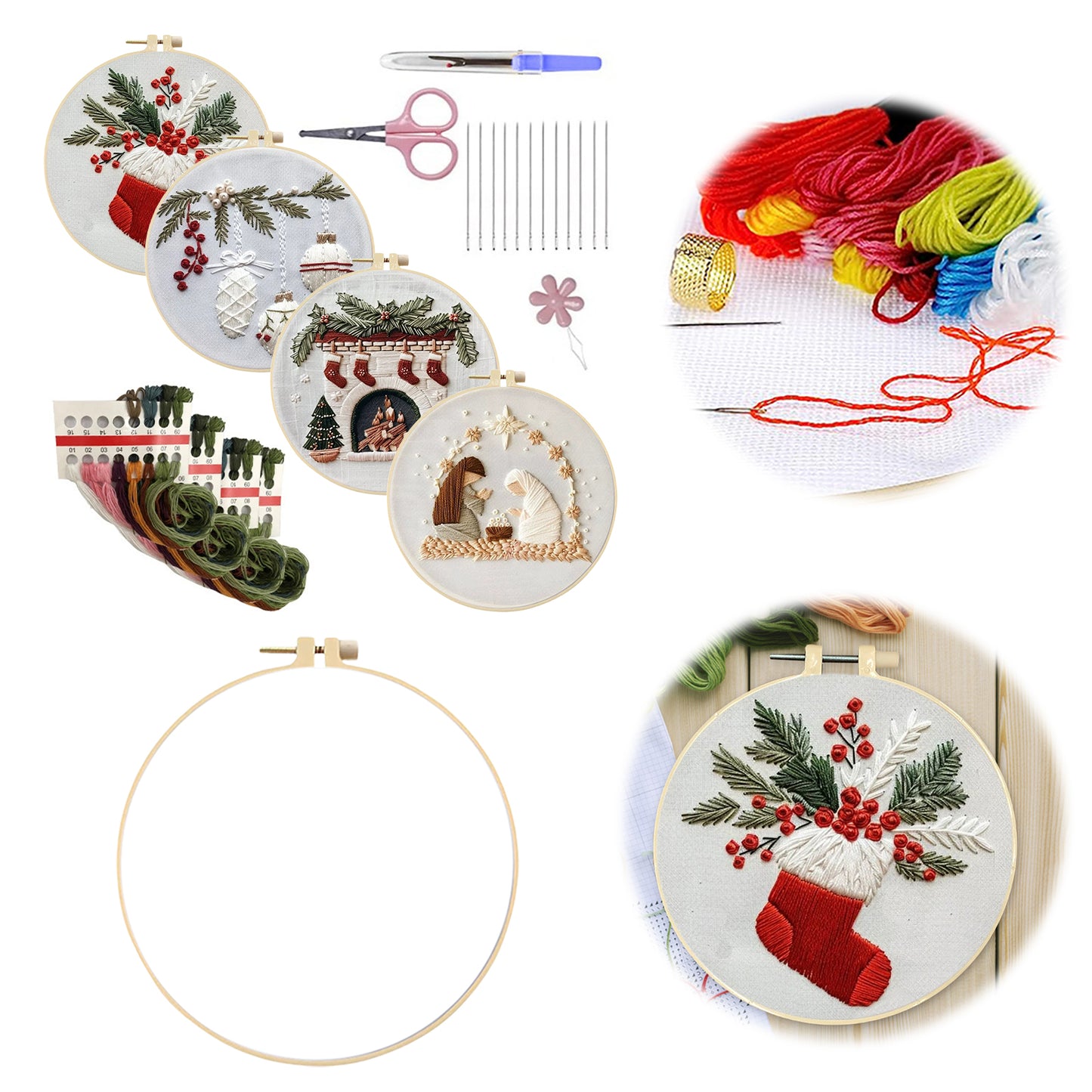 4PCS Christmas - DIY Embroidery Cross Stitch Kit with Pattern Cotton Threads Needles Hoop 15x15CM/5.91x5.91in