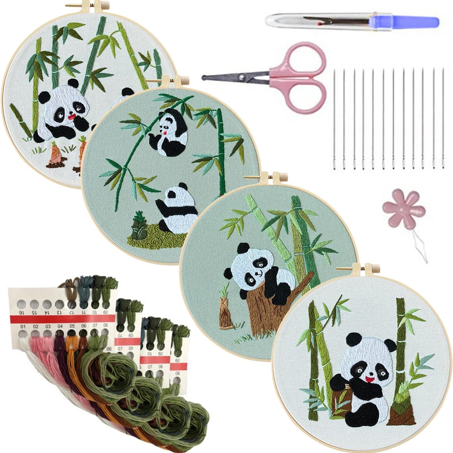 4PCS Panda - DIY Embroidery Cross Stitch Kit with Pattern Cotton Threads Needles Hoop 25x25CM/9.84x9.84in