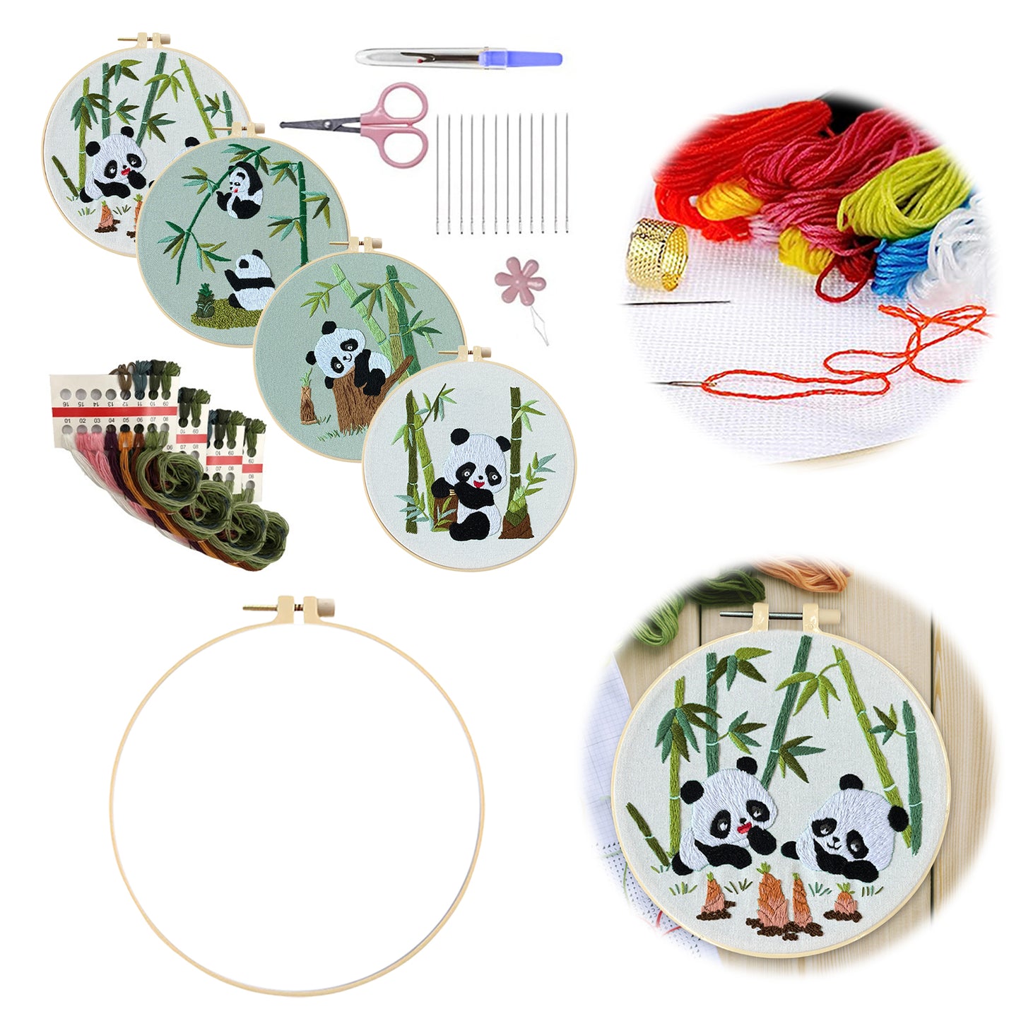 4PCS Panda - DIY Embroidery Cross Stitch Kit with Pattern Cotton Threads Needles Hoop 25x25CM/9.84x9.84in