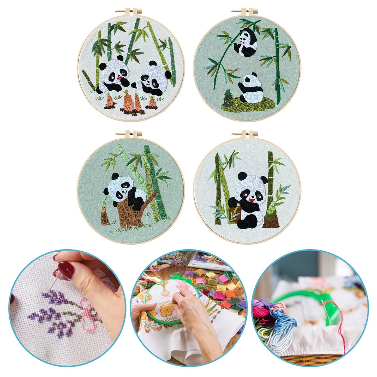 4PCS Panda - DIY Embroidery Cross Stitch Kit with Pattern Cotton Threads Needles Hoop 25x25CM/9.84x9.84in