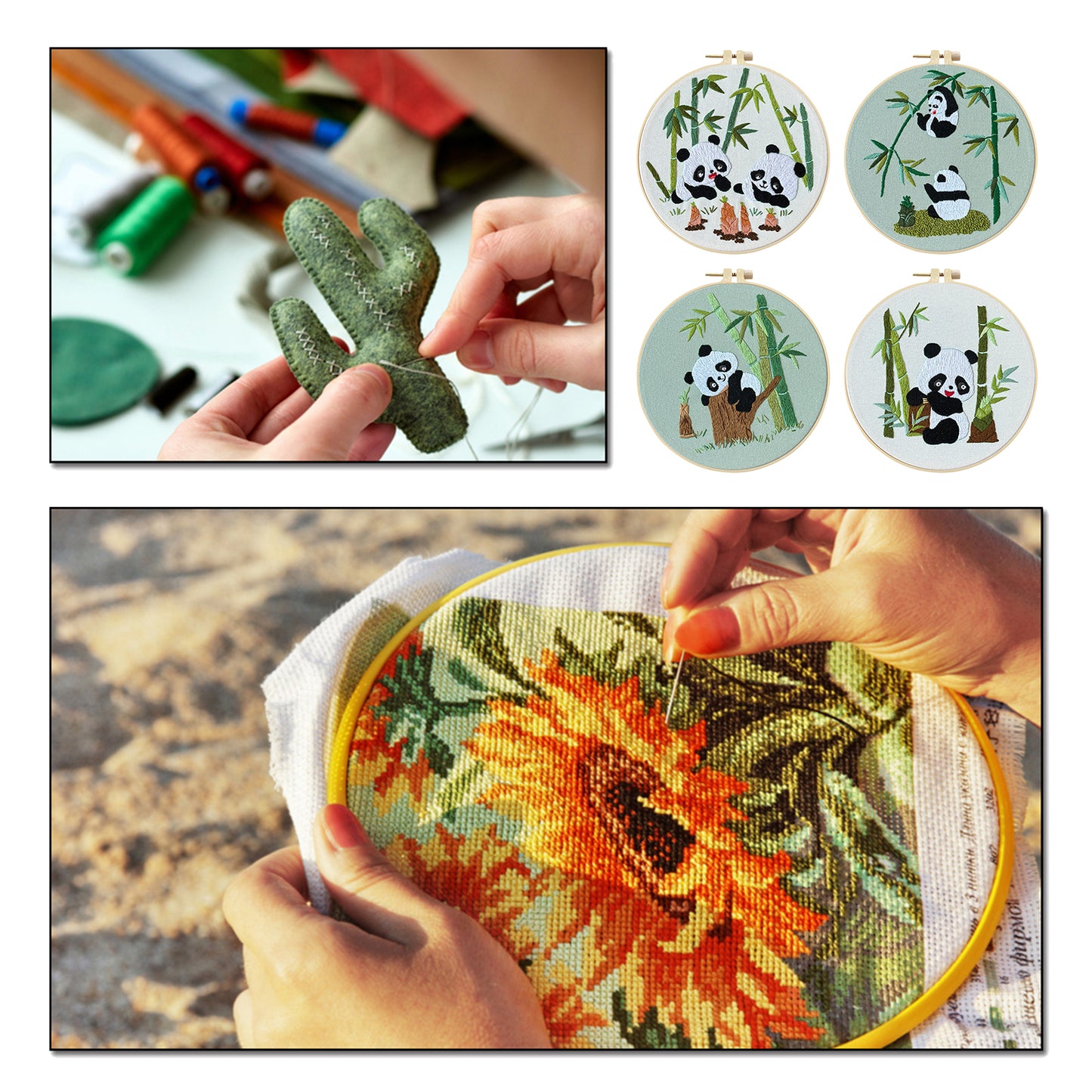 4PCS Panda - DIY Embroidery Cross Stitch Kit with Pattern Cotton Threads Needles Hoop 25x25CM/9.84x9.84in