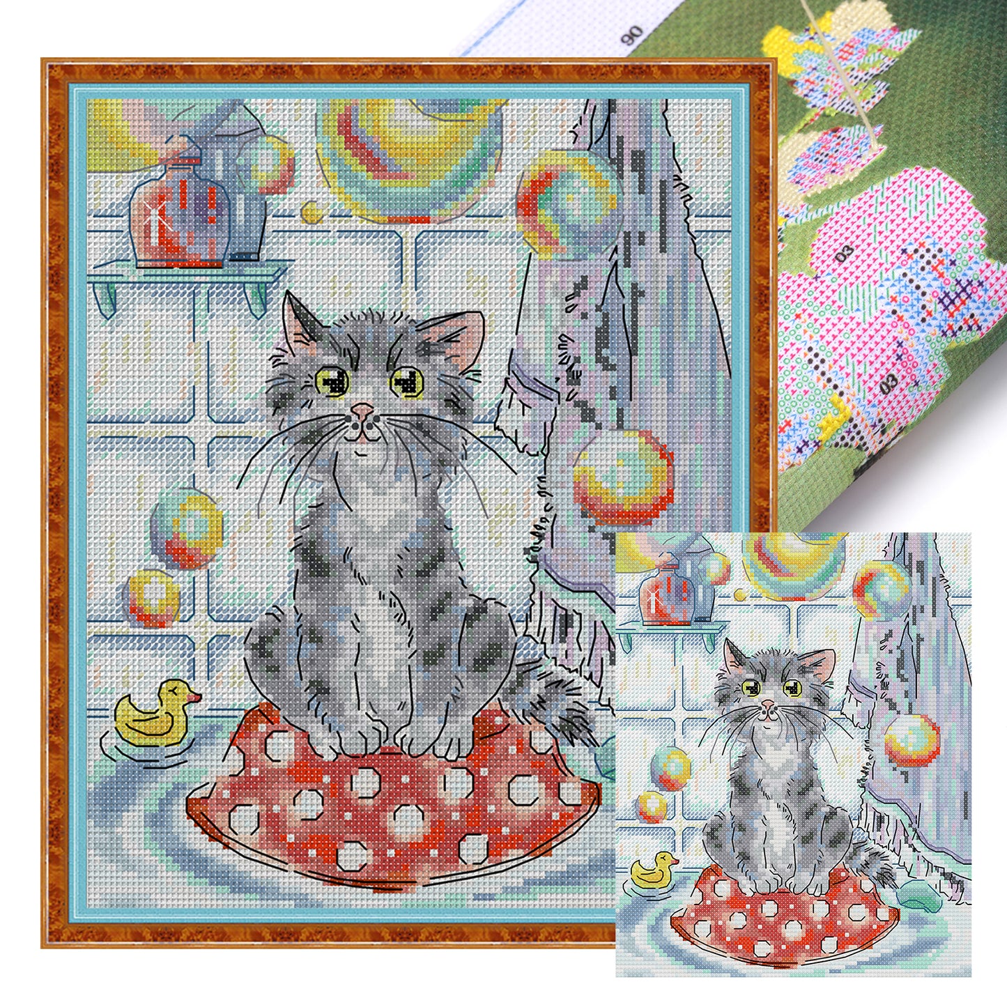 Cat And Soap Bubbles - Full 14CT Stamped Cross Stitch 21x27CM - Joy Sunday Backstitch