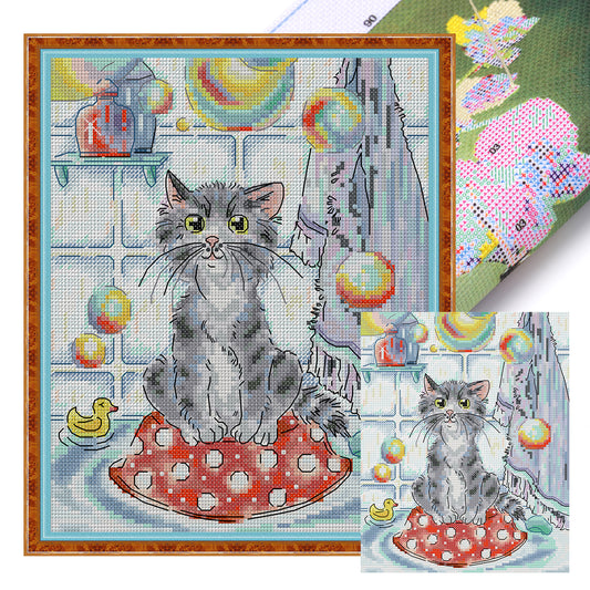 Cat And Soap Bubbles - Full 14CT Stamped Cross Stitch 21x27CM - Joy Sunday Backstitch
