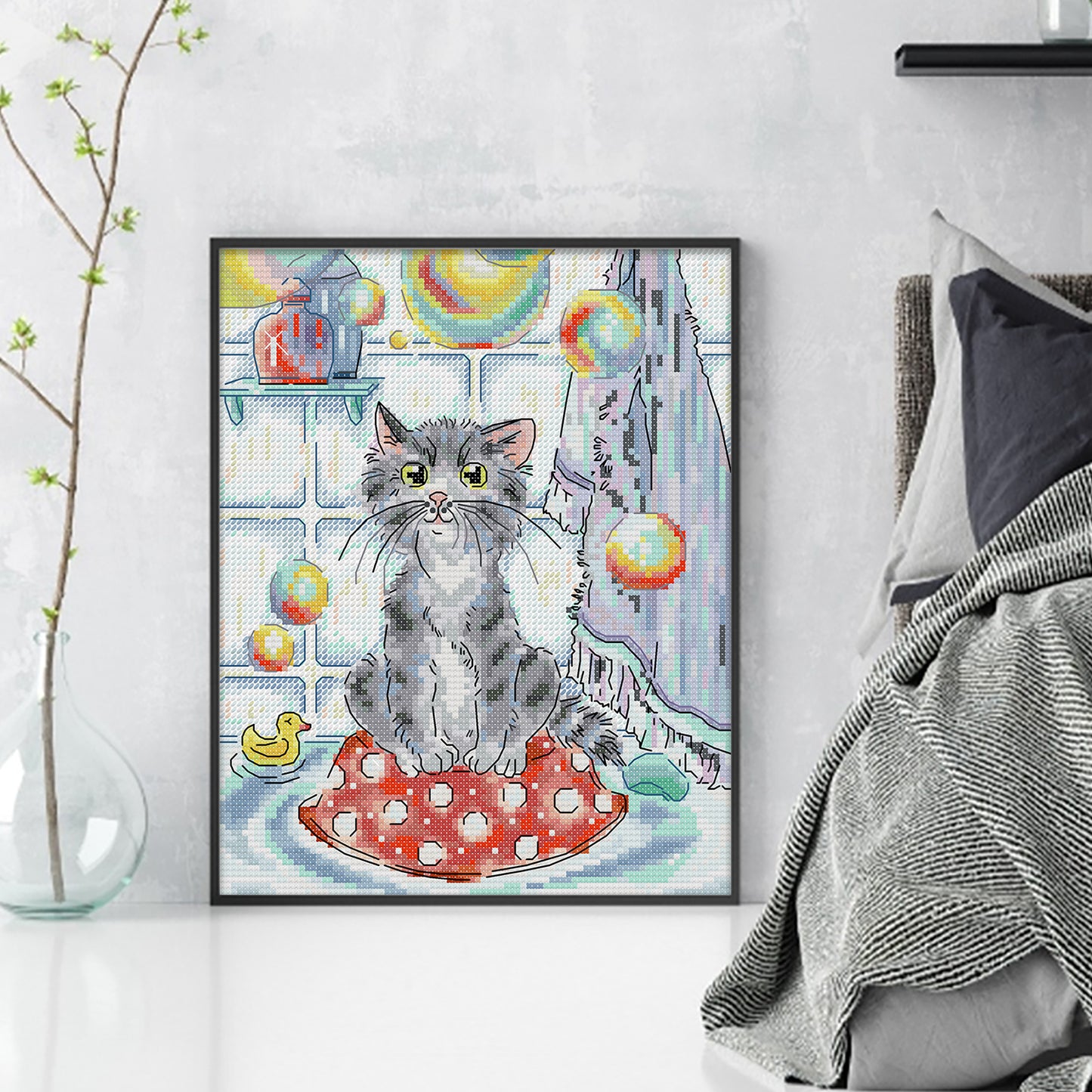 Cat And Soap Bubbles - Full 14CT Stamped Cross Stitch 21x27CM - Joy Sunday Backstitch