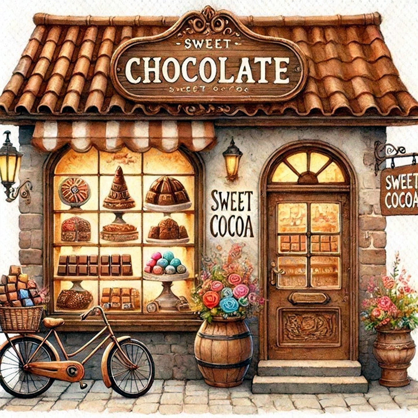 Chocolate Shop - Full 11CT Stamped Cross Stitch 40x40CM - Huacan