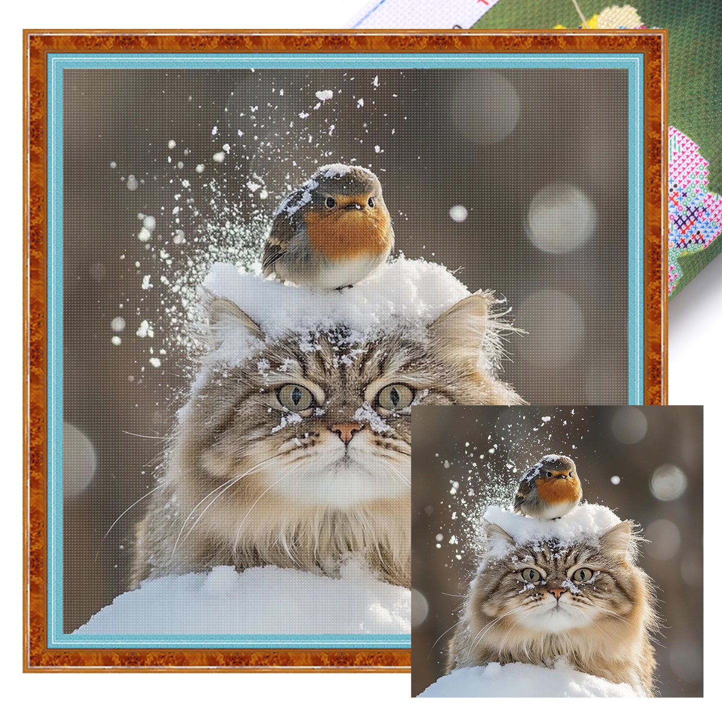 Cat And Bird - Full 11CT Stamped Cross Stitch 40x40CM - Huacan