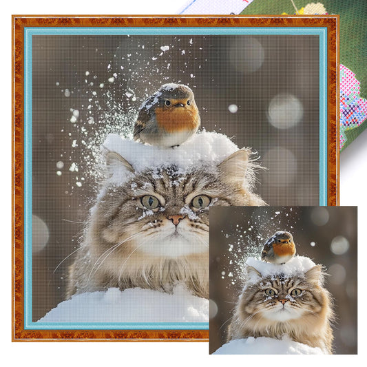 Cat And Bird - Full 11CT Stamped Cross Stitch 40x40CM - Huacan