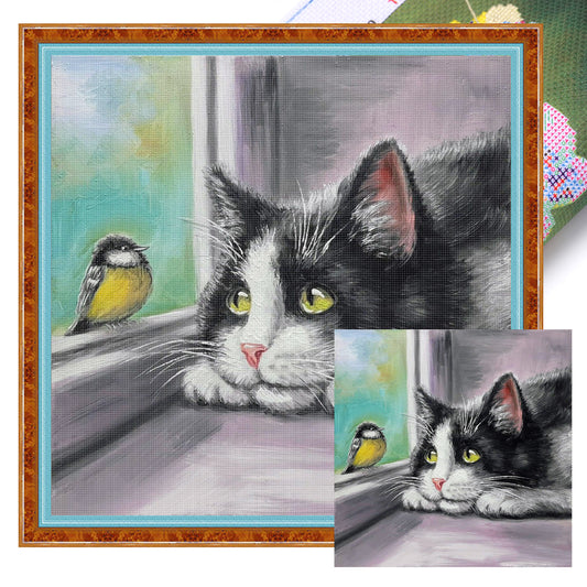 Cat And Bird - Full 11CT Stamped Cross Stitch 40x40CM - Huacan