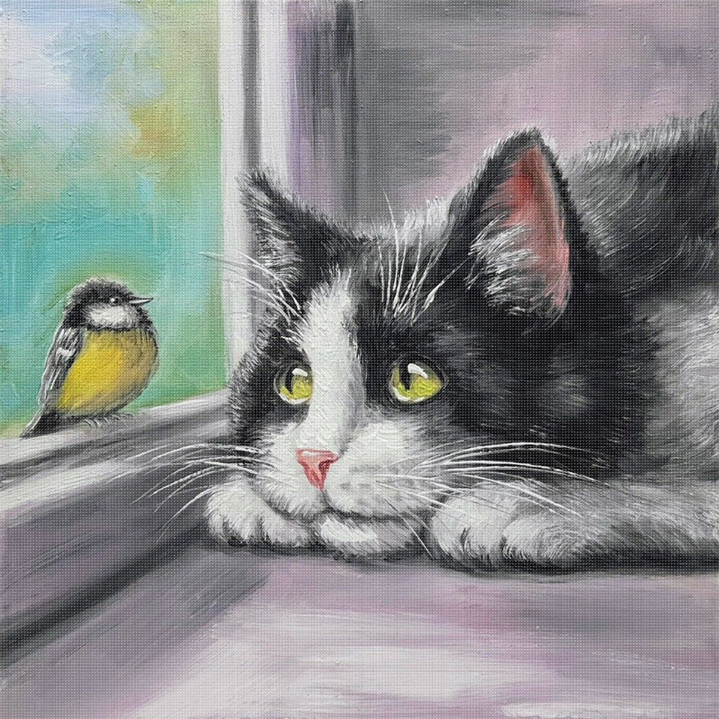 Cat And Bird - Full 11CT Stamped Cross Stitch 40x40CM - Huacan