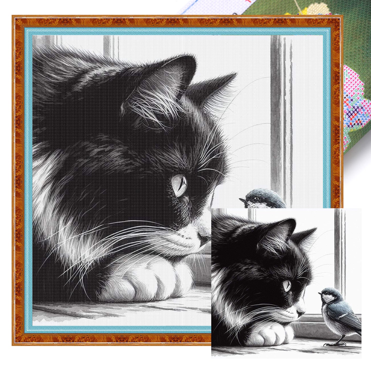 Cat And Bird - Full 11CT Stamped Cross Stitch 40x40CM - Huacan